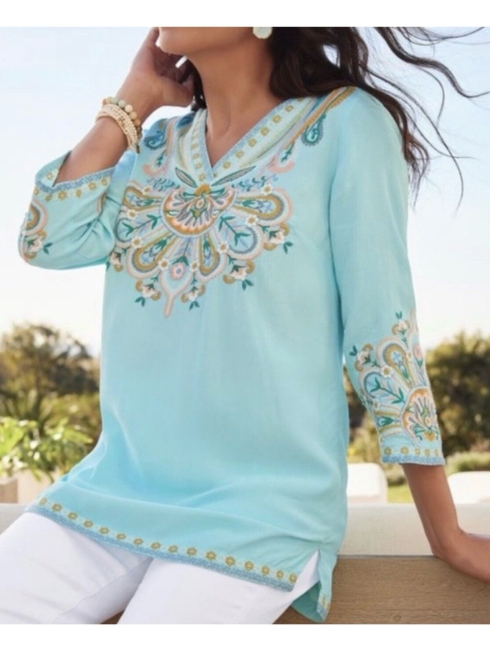 Embroidered V-Neck Tunic Blouse